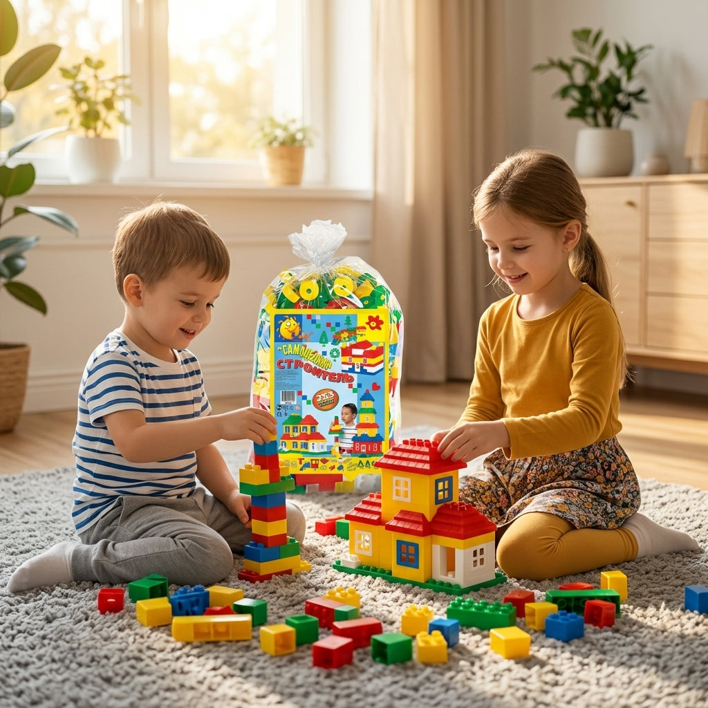 Kocke 253 dela – brat i sestra zajedno grade šarene kule na tepihu u dnevnoj sobi