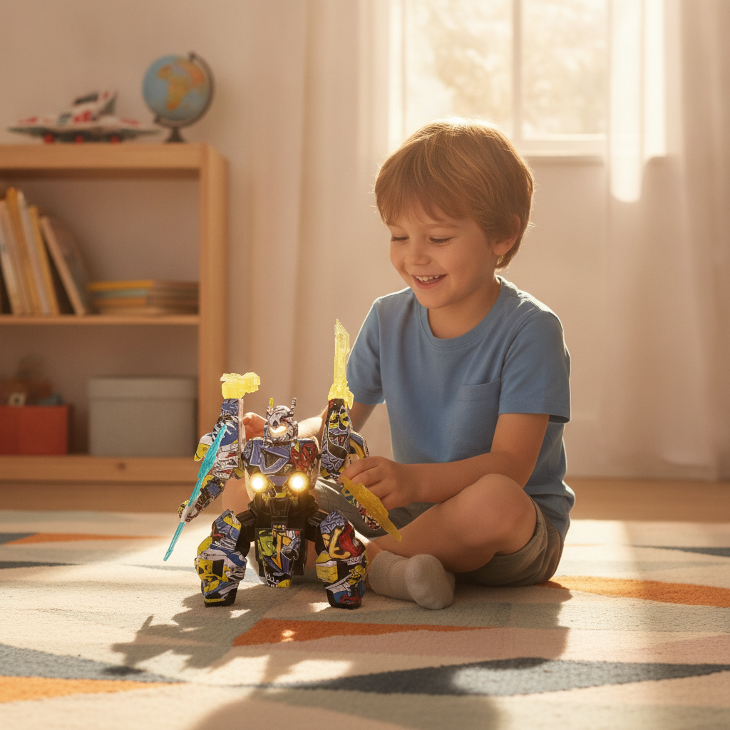 Igračka robot Mecha X na tepihu u dečijoj sobi dok se dečak igra