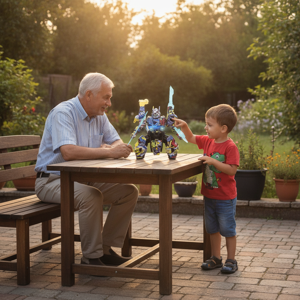 Igračka robot Mecha X na stolu na terasi dok je dečak pokazuje dedi