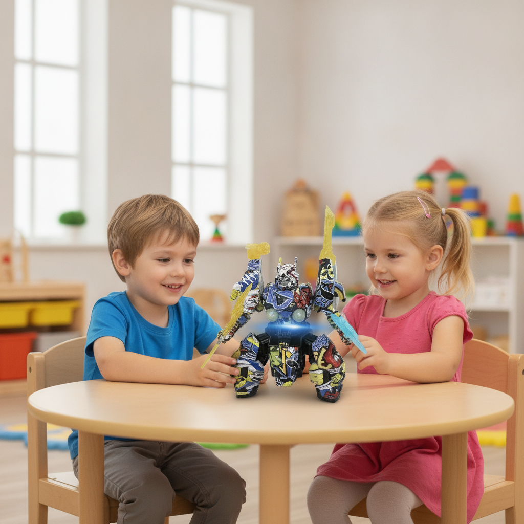 Igračka robot Mecha X na niskom stolu u vrtiću među decom
