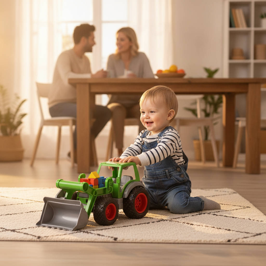 Igračka traktor sa kašikom i prikolicom u dnevnoj sobi tokom posete prijateljima