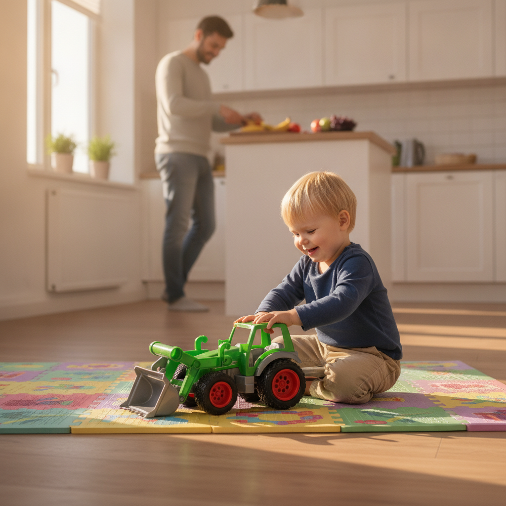 Igračka traktor sa kašikom i prikolicom na podu kuhinje