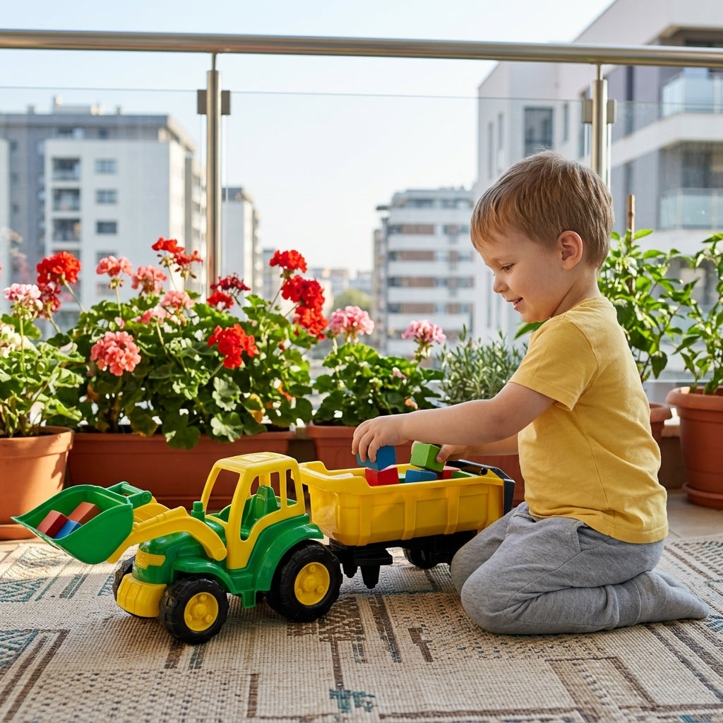 Igračka traktor sa utovarivačem i prikolicom na terasi stana sa drvenim kockama