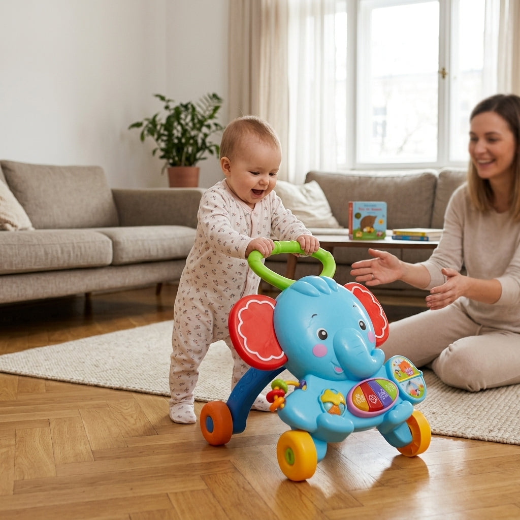 Šetalica slon u dnevnoj sobi dok beba vežba prve korake