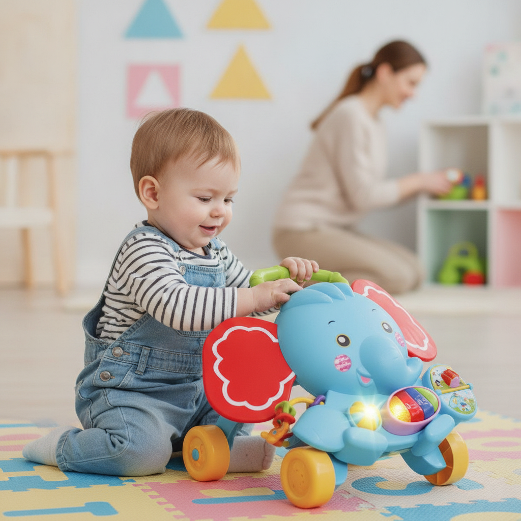 Šetalica slon u jaslicama dok beba sedi i svira muzički klavir
