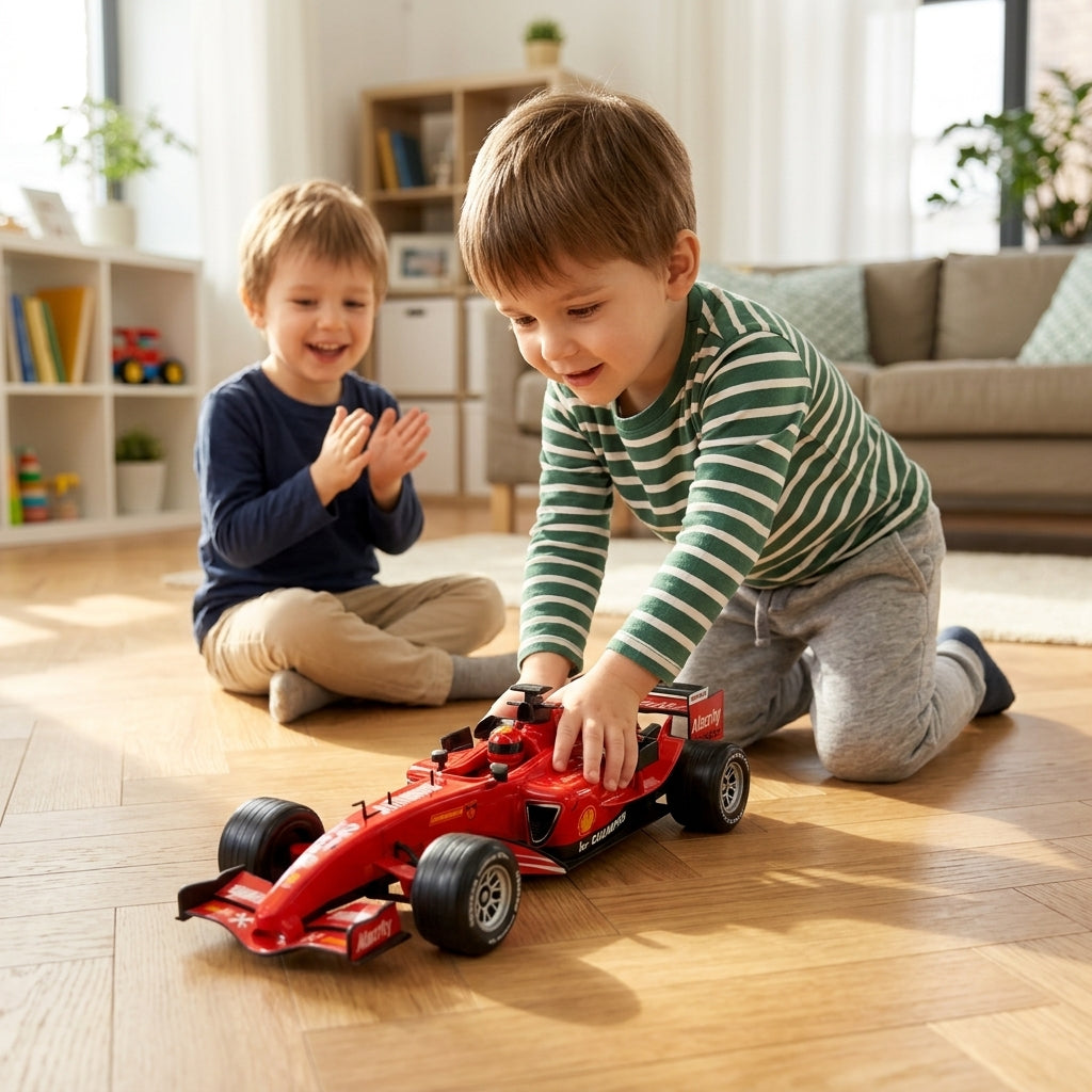Igračka formula 30cm u igri dva dečaka na podu dnevne sobe