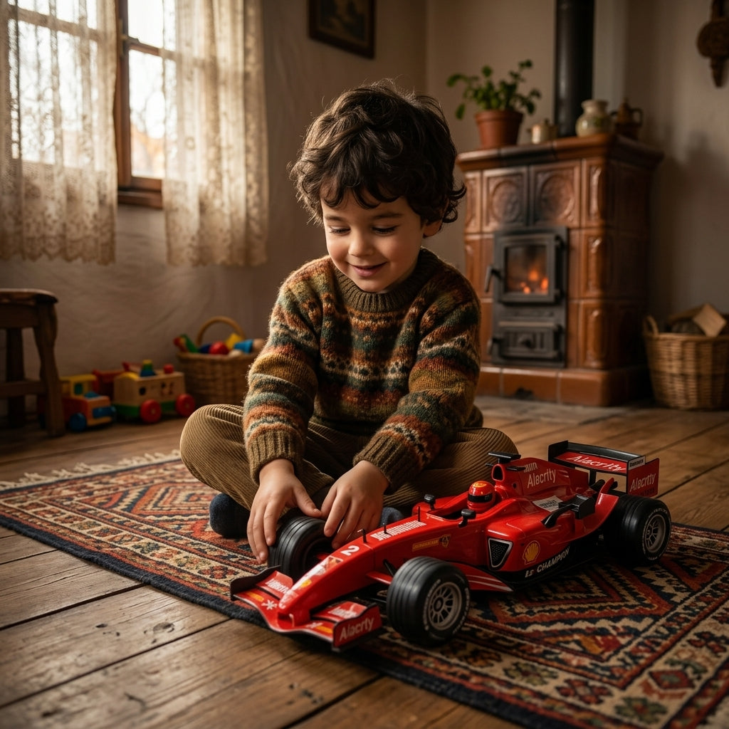 Igračka formula 30cm u rukama dečaka na drvenom podu u seoskoj kući