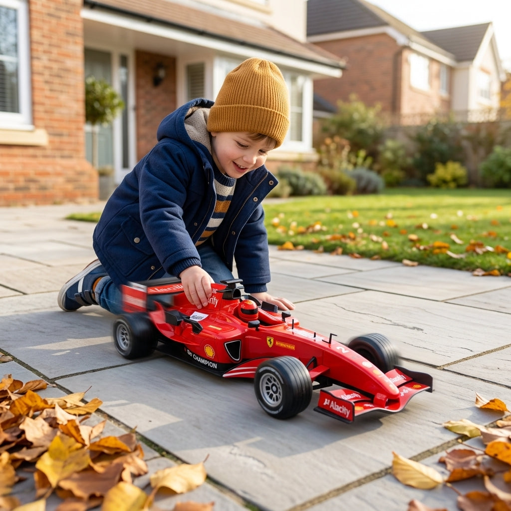 Igračka formula 30cm na popločanoj terasi tokom jesenjeg jutra