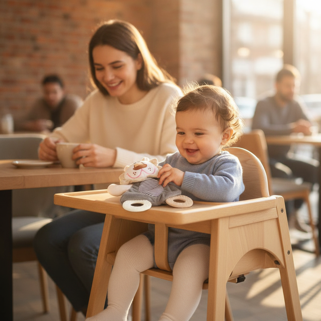 Zvečka i glodalica lav na stolu restorana pored bebe