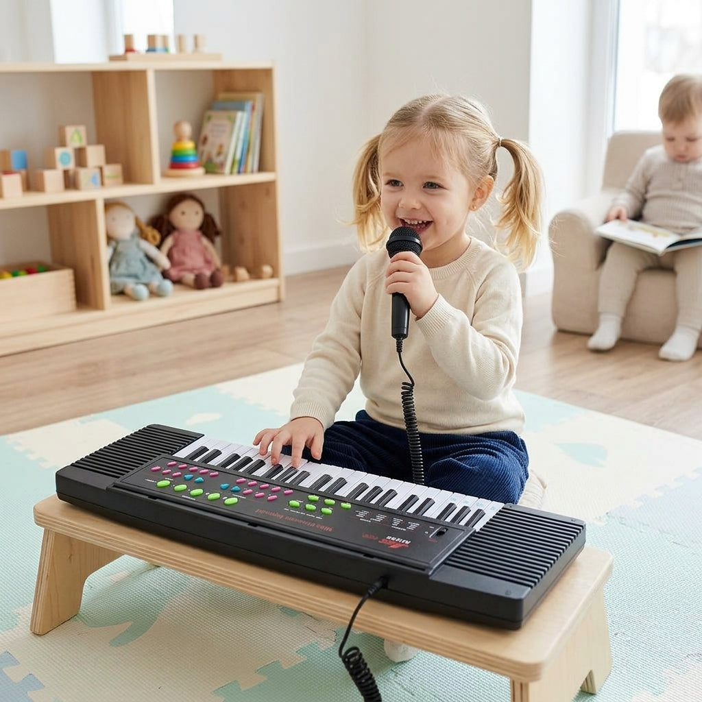 Dečji mini sintisajzer sa mikrofonom u muzičkom kutku vrtića sa devojčicom