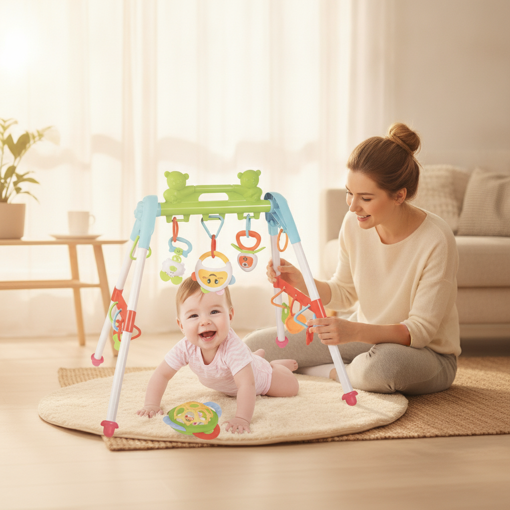 Gimnastika za bebe postavljena na prostirku u dnevnoj sobi dok se mama i beba igraju