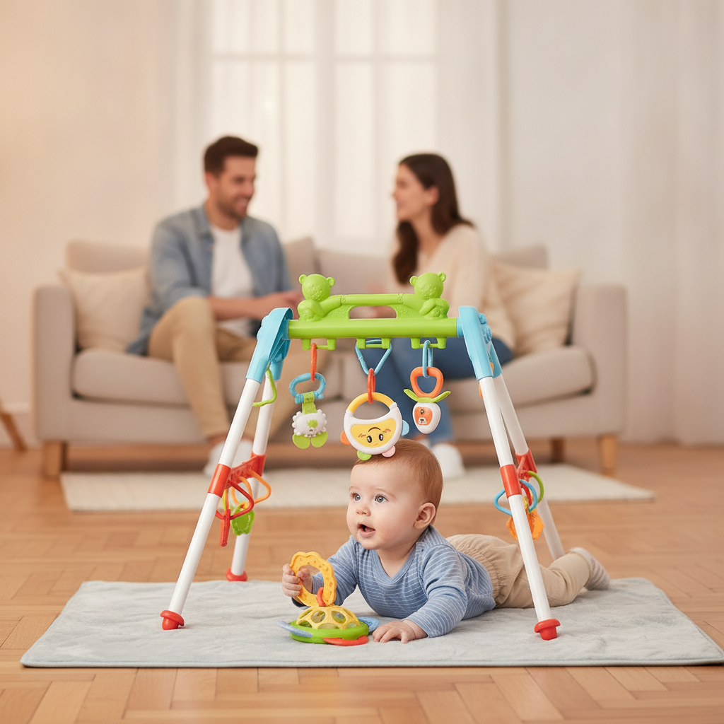 Gimnastika za bebe u svetlom stanu dok beba leži na leđima i posmatra igračke