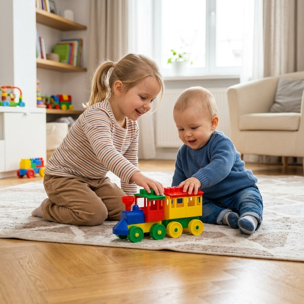 Igračka lokomotiva i vagon u dnevnoj sobi dok se brat i sestra zajedno igraju