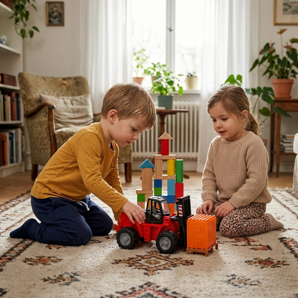 Igračka viljuškar crveni sa teretom na tepihu u bakinoj sobi dok se deca igraju