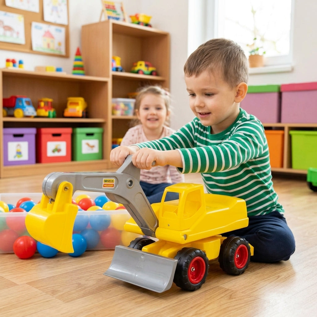 Igračka buldožer sa kašikom u vrtiću gde dete upravlja pokretnom kašikom