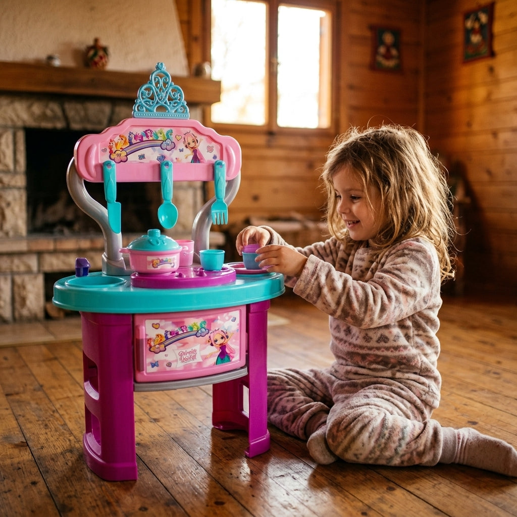 Dečja kuhinja set 50 cm u planinskoj kućici tokom porodičnog vikenda