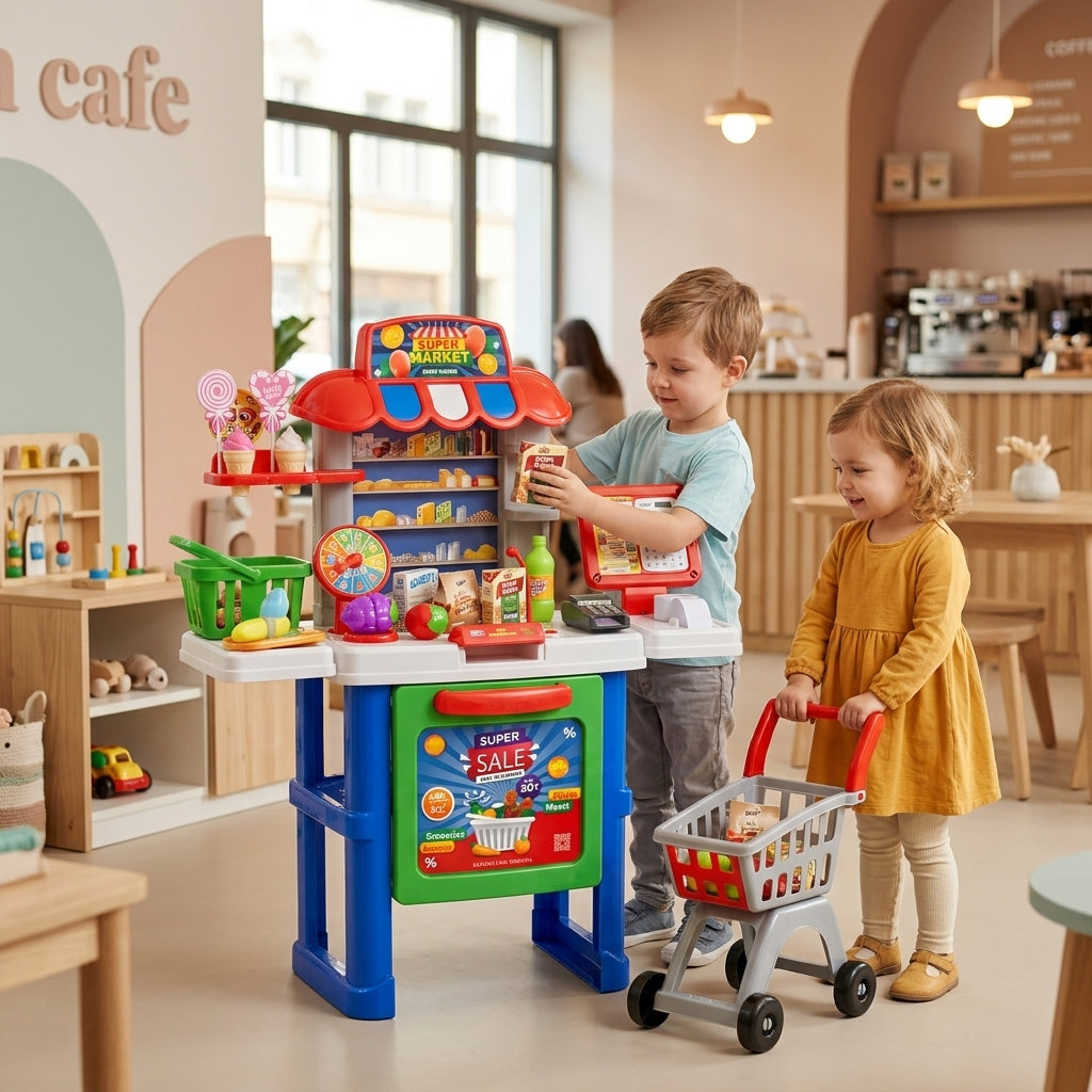 Supermarket set u dečijem kutku restorana sa decom koja slažu police