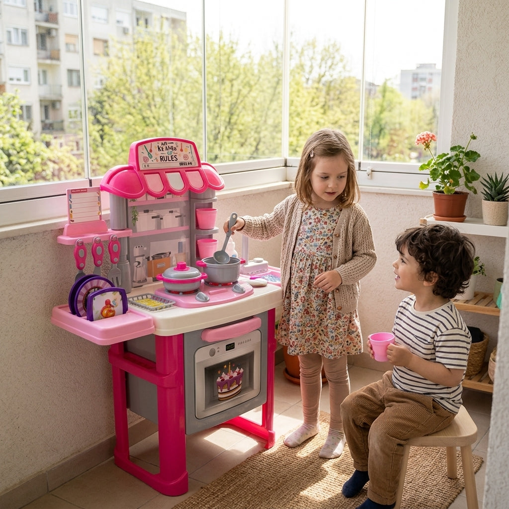 Dečji kuhinjski set sa vodom 40 delova na terasi gde se brat i sestra igraju kuvara