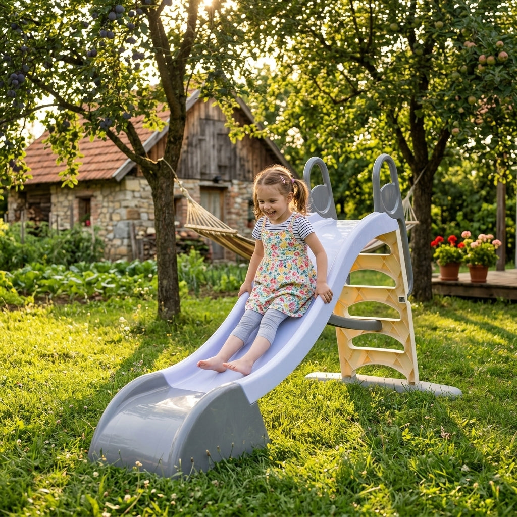 Plastični tobogan plavi na travnjaku pored vikendice tokom zalaska sunca