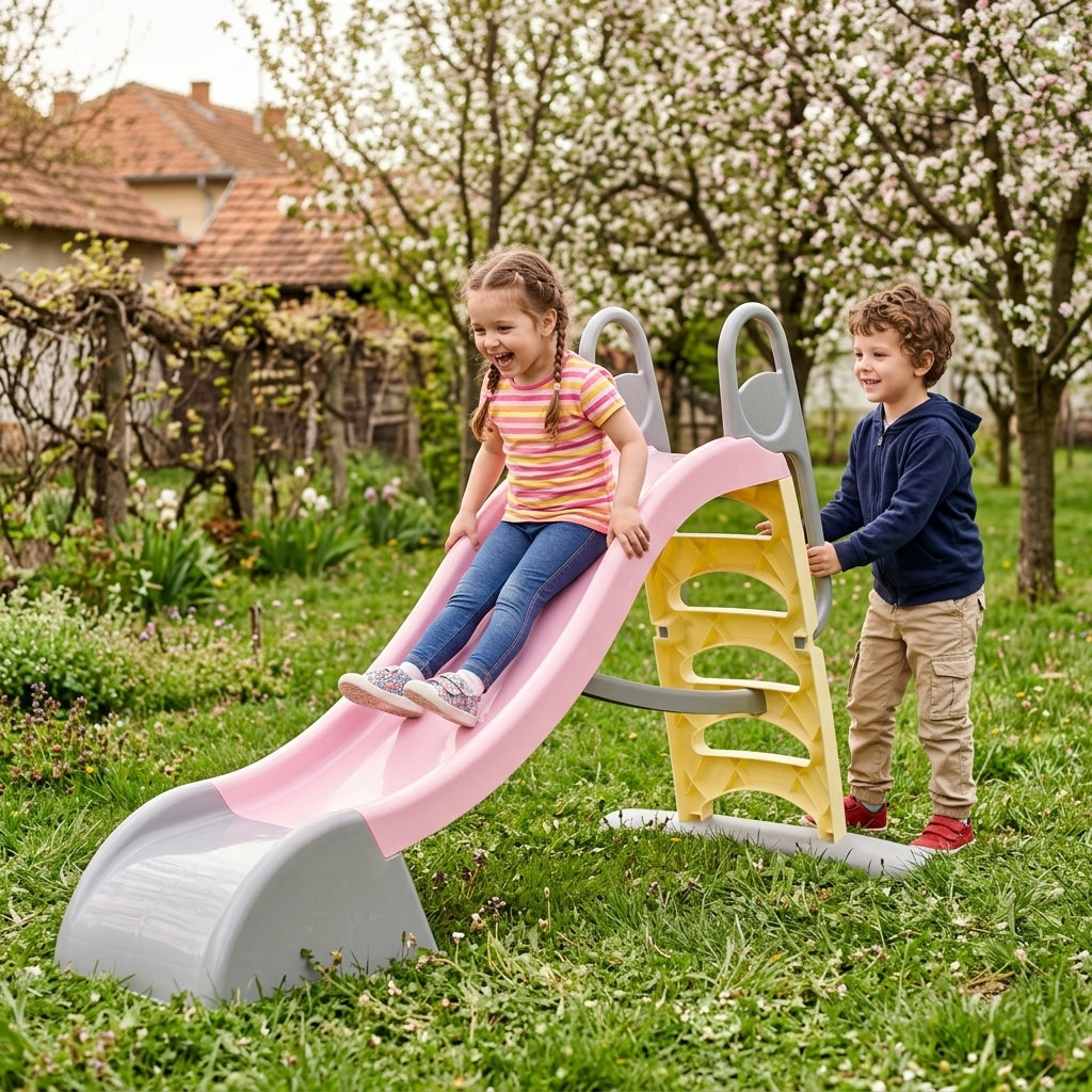 Plastični tobogan roze na zelenom travnjaku u dvorištu dok se deca igraju