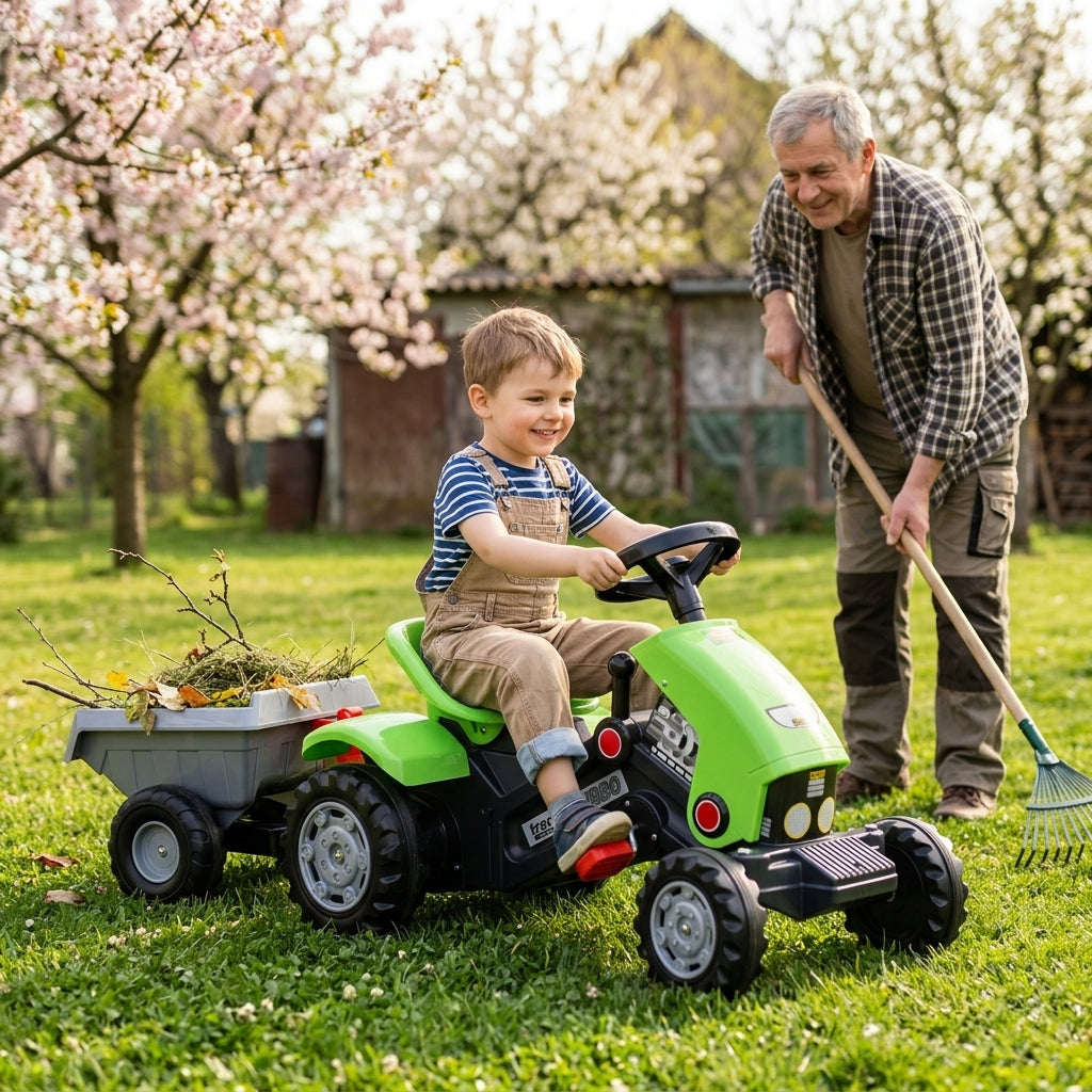 Traktor na pedale sa prikolicom zeleni 124 cm u seoskom dvorištu dok ga vozi četvorogodišnji dečak pored deke