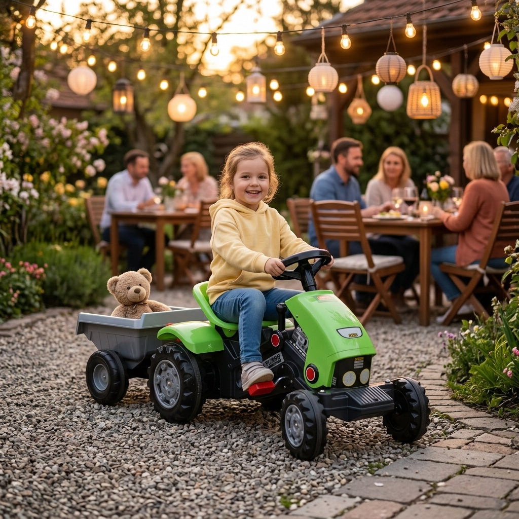 Traktor na pedale sa prikolicom zeleni 124 cm na popločanoj stazi bašte restorana osvetljene večernjim lampionima