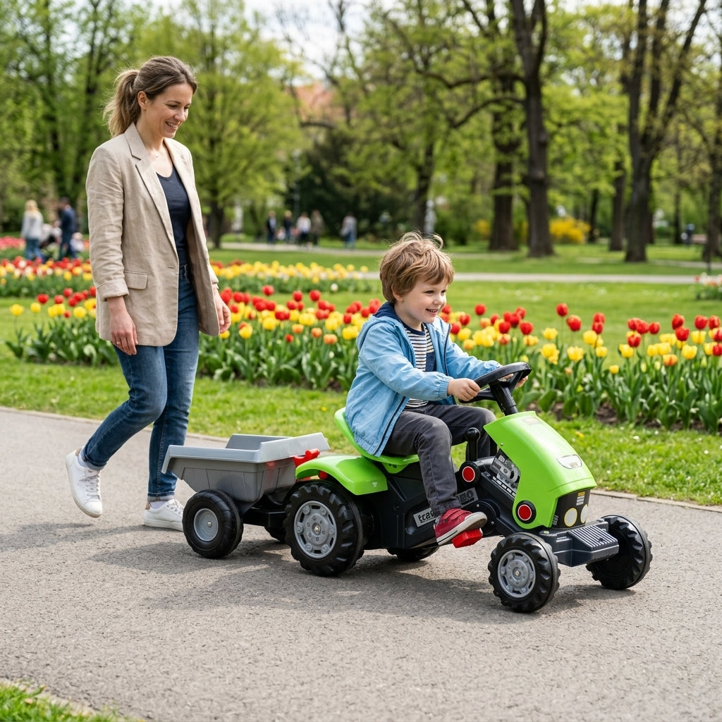 Traktor na pedale sa prikolicom zeleni 124 cm na stazi gradskog parka u toku prolećne vožnje