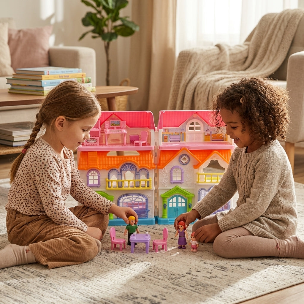 Velika roze kućica za lutke na podu dnevne sobe tokom igre dve drugarice