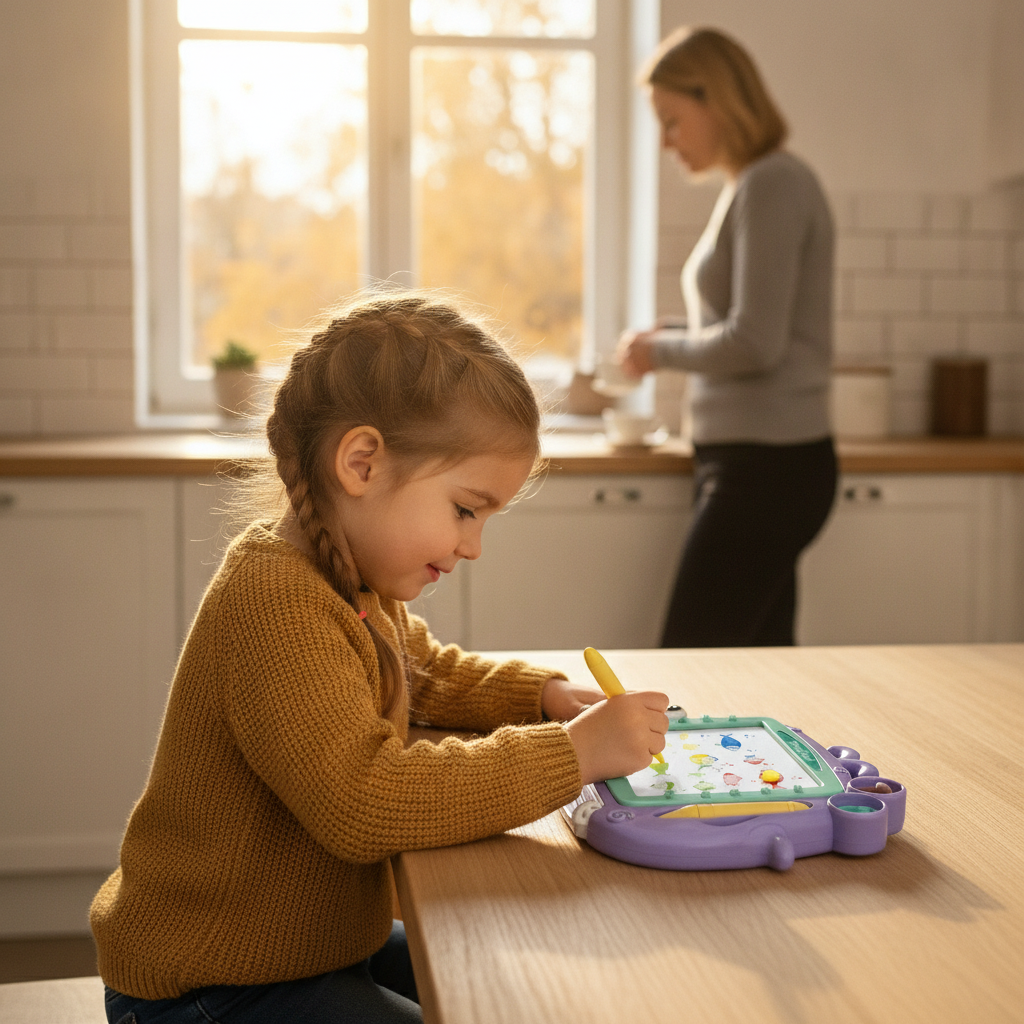 Tabla piši-briši na kuhinjskom stolu dok devojčica samostalno crta