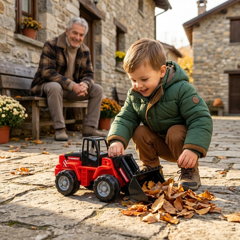 Igračka traktor crveni sa utovarivačem u dvorištu seoske kuće u jesen