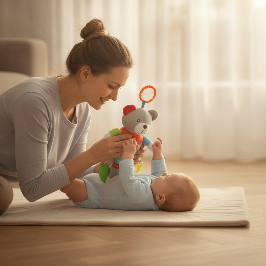 Zvečka plišana u rukama bebe dok se igra sa mamom na podlozi