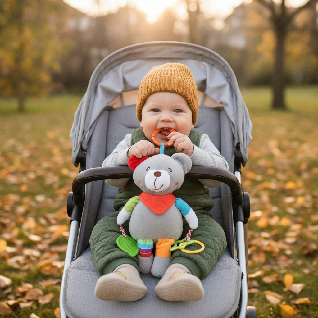 Zvečka plišana okačena na kolica za bebe tokom jesenje šetnje