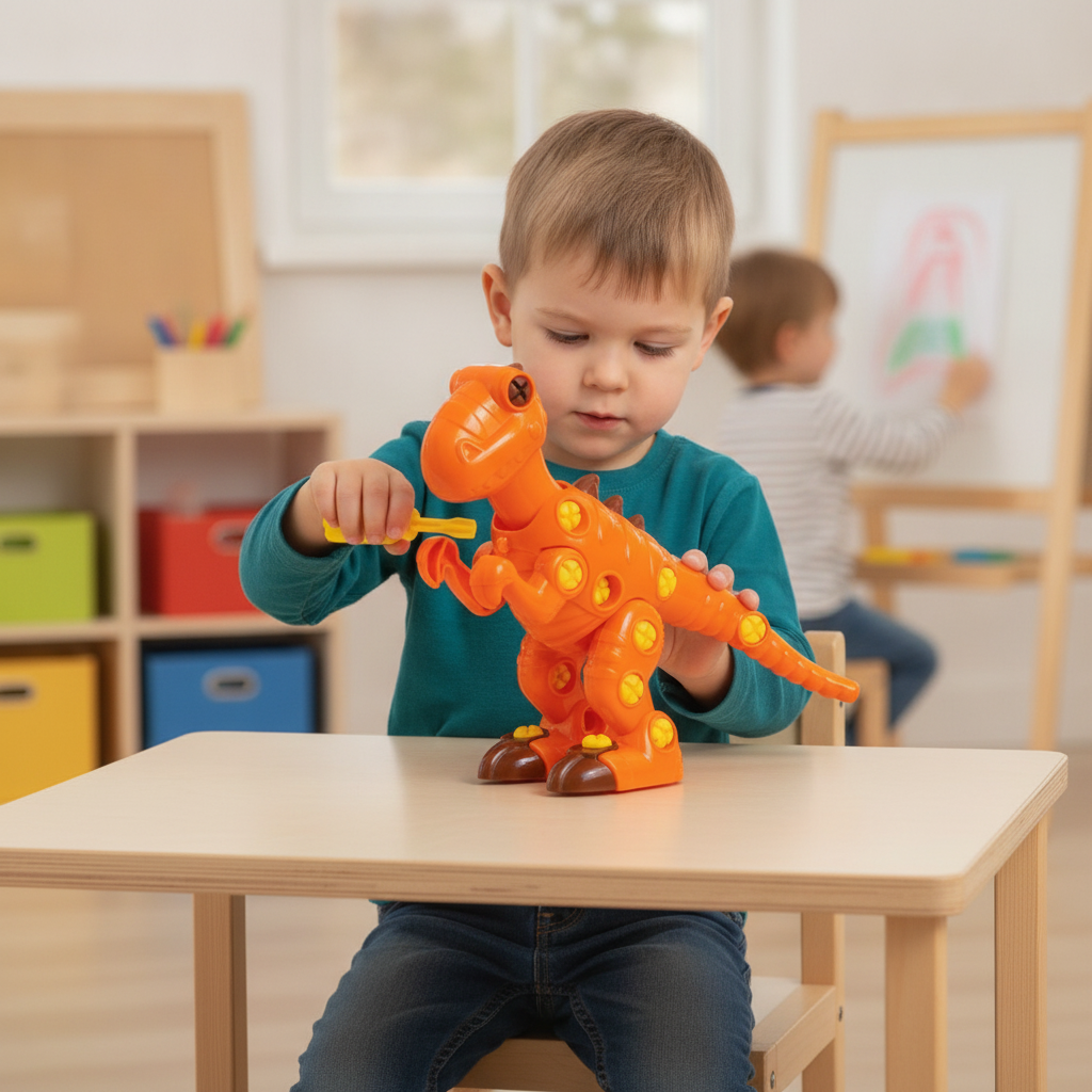 T-rex „uradi sam” igračka koju dečak sklapa žutim šrafcigerom za stolom u vrtiću
