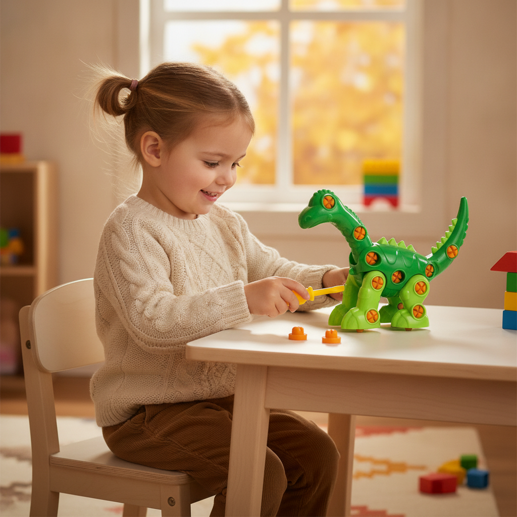 Diplodok dinosaurus „uradi sam” na dečijem radnom stolu dok devojčica koristi odvijač