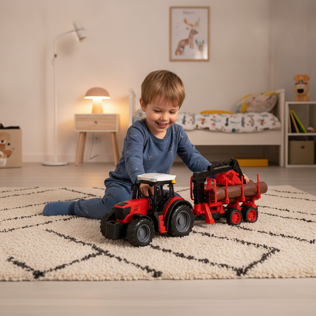 Igračka traktor sa drvima veliki na tepihu u dečijoj sobi uveče