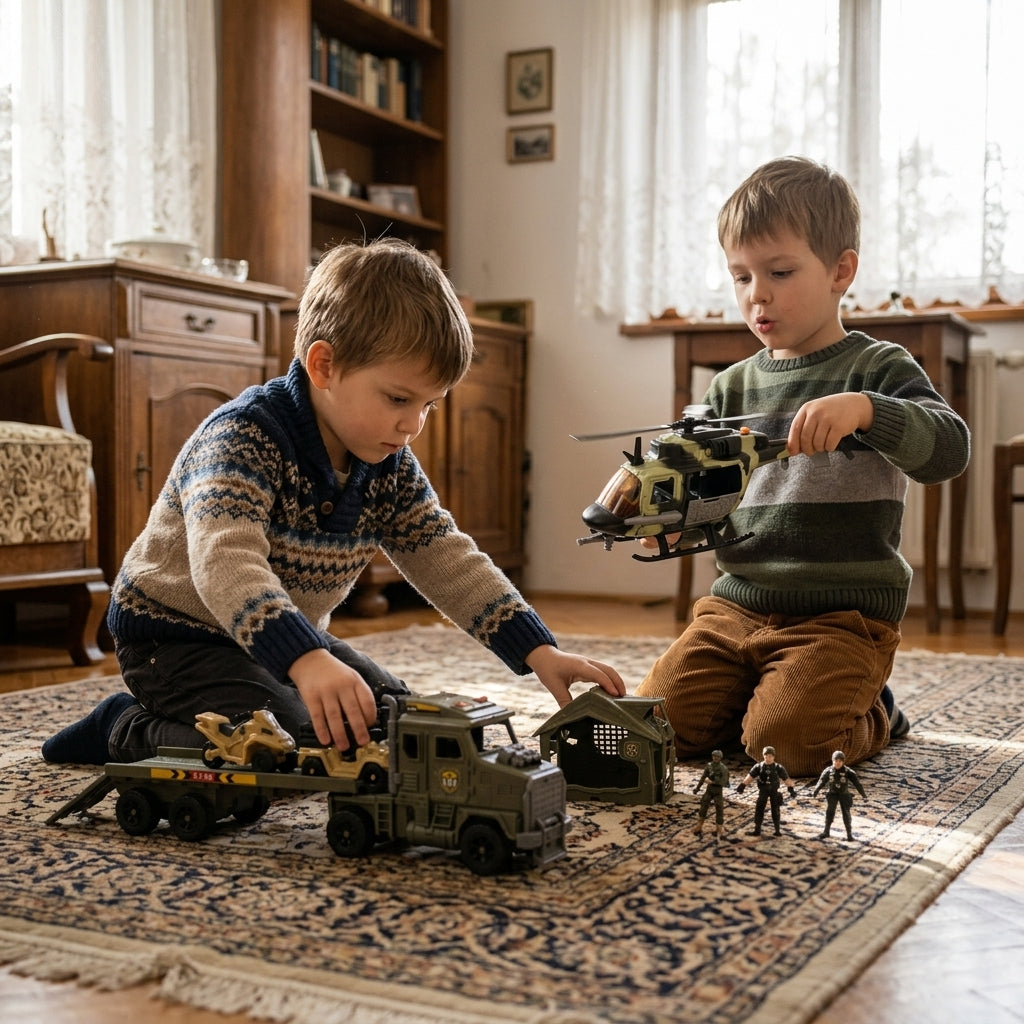 Vojni set helikopter i tri vozila na tepihu dok se deca igraju