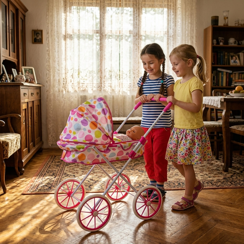 Kolica za lutke roze sklopiva 72 cm u igri dve devojčice u bakinoj kući