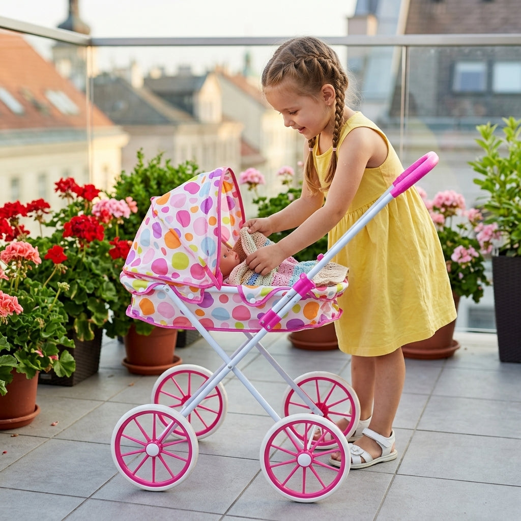 Kolica za lutke roze sklopiva 72 cm na terasi sa devojčicom koja namešta igračku