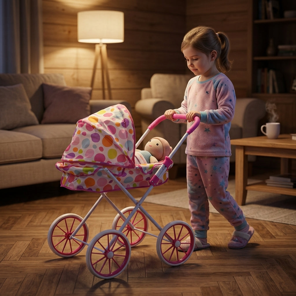 Kolica za lutke roze sklopiva 72 cm tokom večernje igre u toplom enterijeru