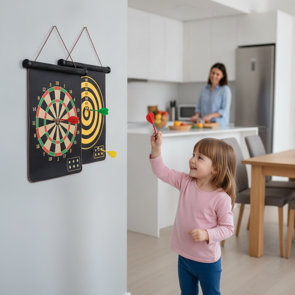 Pikado na magnet za decu okačen u trpezariji dok devojčica gađa metu