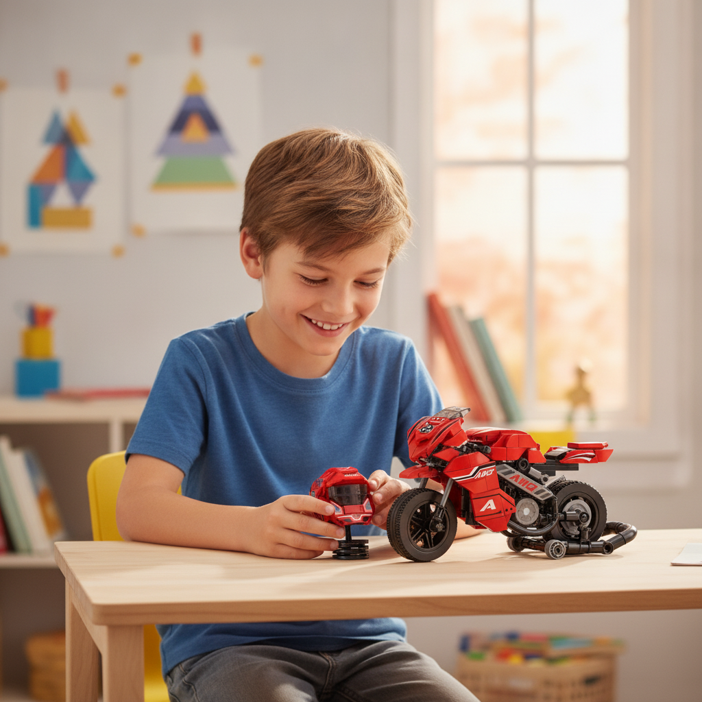 Kocke set model crvenog trkačkog motora i kacige na dečijem radnom stolu