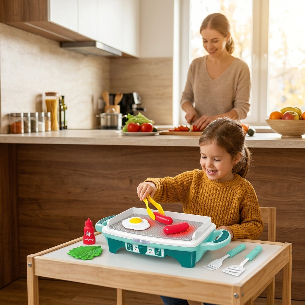 Dečji gril set na kuhinjskom stolu dok se devojčica igra kuvanja