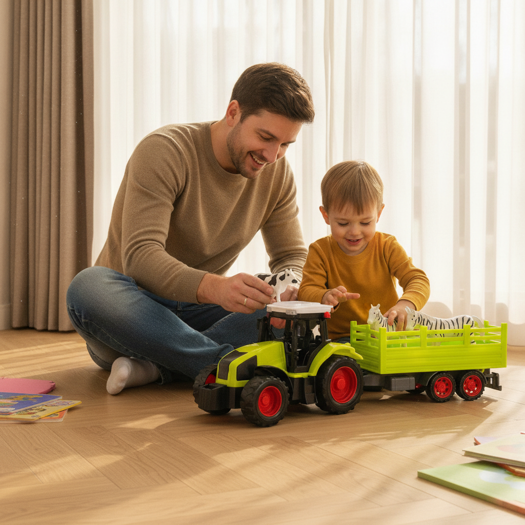 Igračka traktor sa životinjama veliki dok se otac i dete igraju na podu