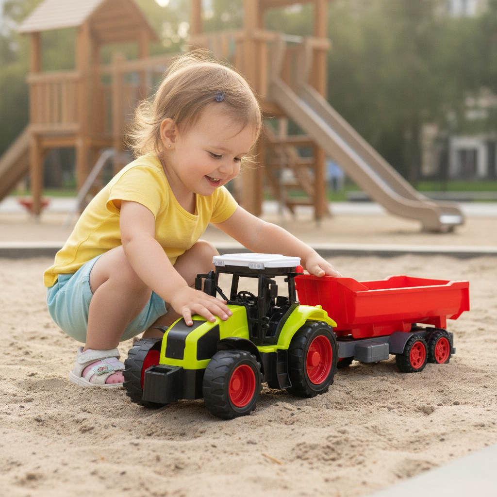 Igračka traktor sa prikolicom 42 cm u igri na pesku na igralištu