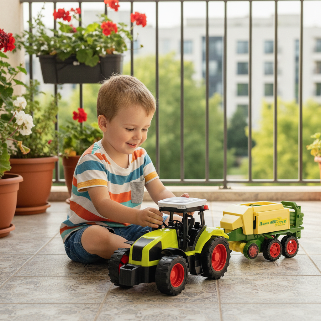 Igračka traktor sa zelenom baliračom na terasi gradskog stana tokom letnjeg popodneva