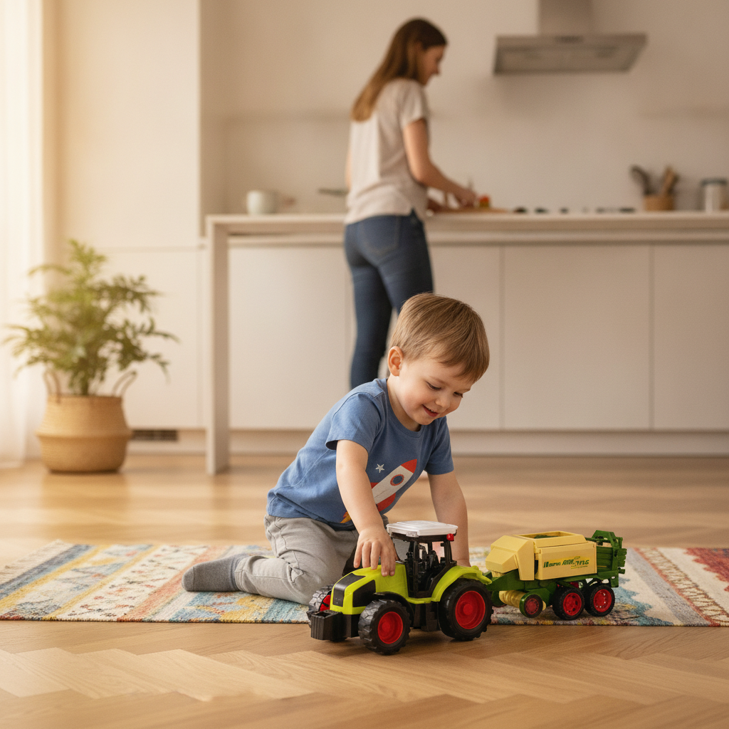 Igračka traktor sa zelenom baliračom na podu kuhinje dok se dete igra