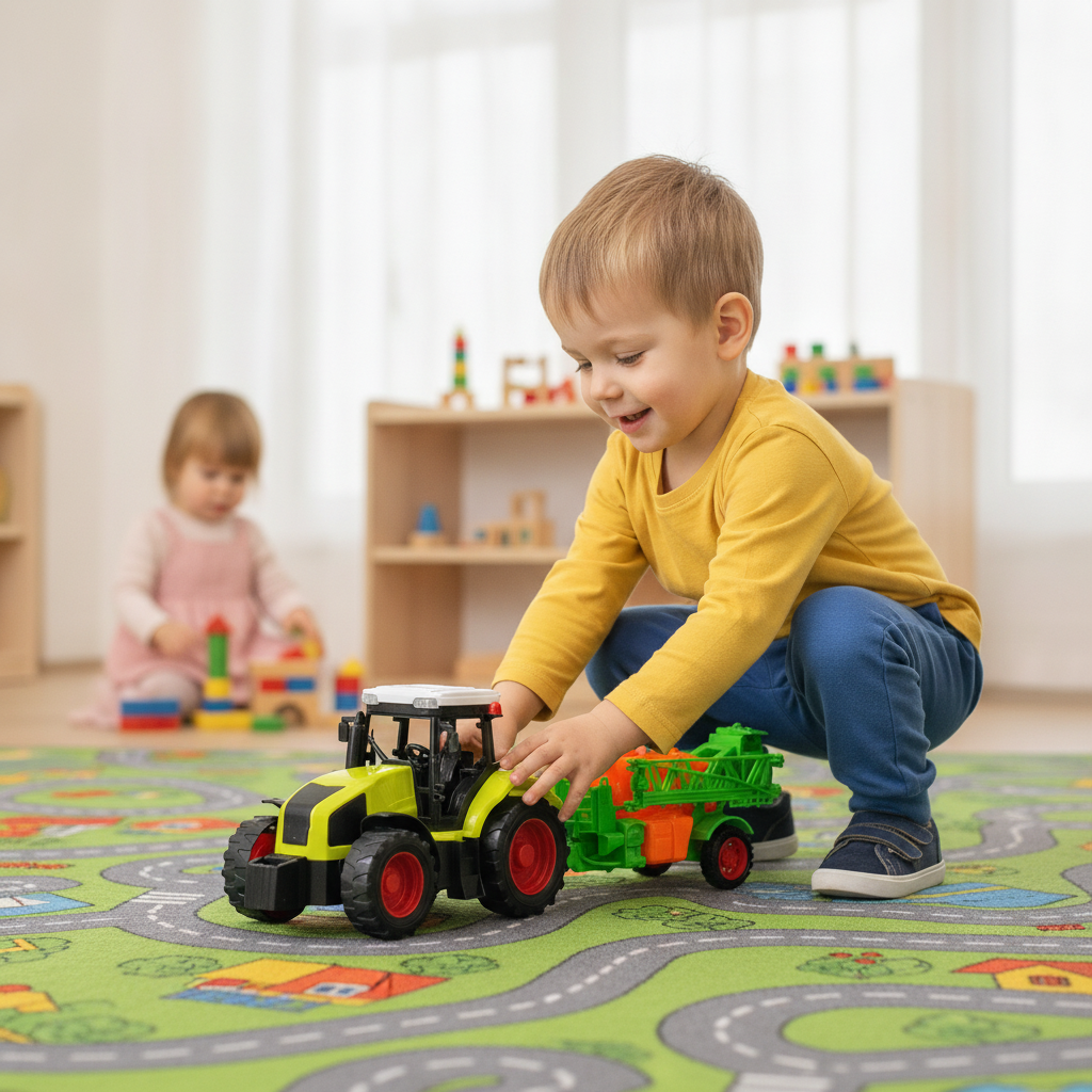 Igračka traktor sa prskalicom u vrtiću na dečijoj podnoj prostirci