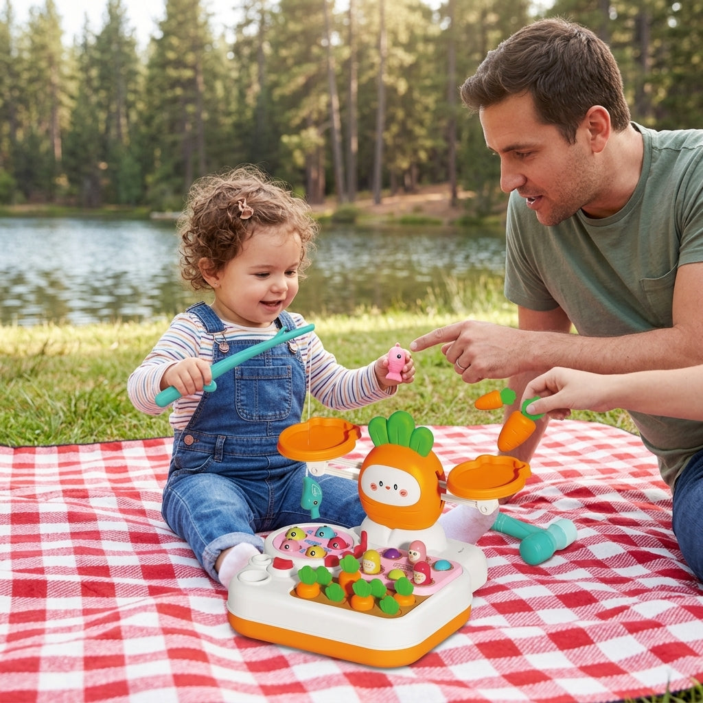 4 u 1 bebi igračka vaga na piknik ćebetu pored jezera tokom porodičnog izleta