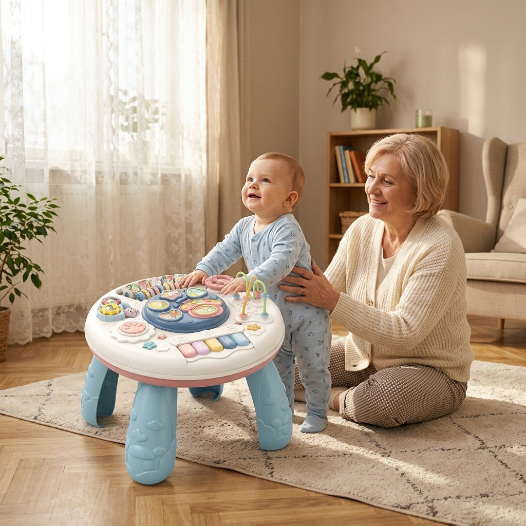 Bebi edukativni sto u dnevnoj sobi dok beba uči da stoji uz igračku uz prisustvo bake
