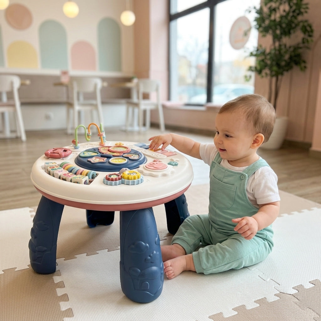 Bebi edukativni sto u dečijem kutku kafića dok beba sedi i svira dirke